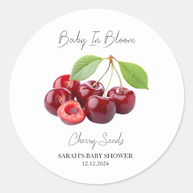 Sticker Rond Baby shower de graines de cerise en fleurs (Devant)