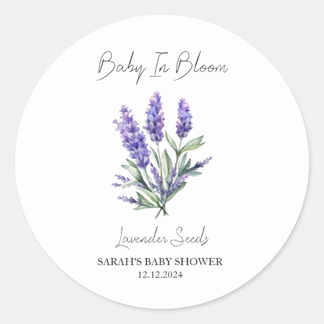 Sticker Rond Baby shower de graines de lavande en fleurs (Devant)