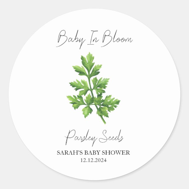 Sticker Rond Baby shower de graines de persil en fleurs (Devant)