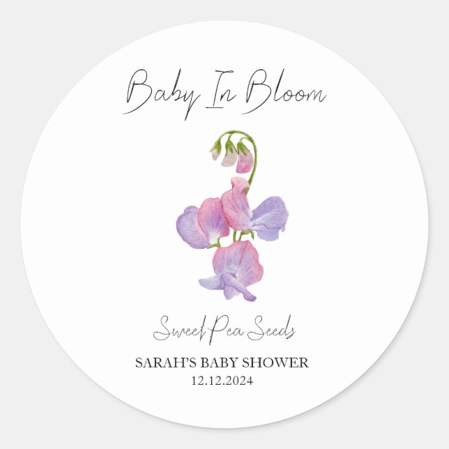 Sticker Rond Baby shower de graines de pois doux en fleurs (Devant)