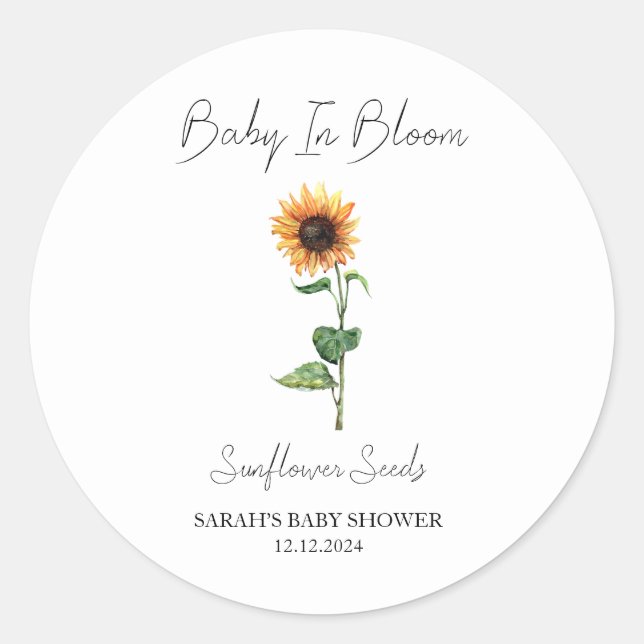 Sticker Rond Baby shower de graines de tournesol en fleurs (Devant)