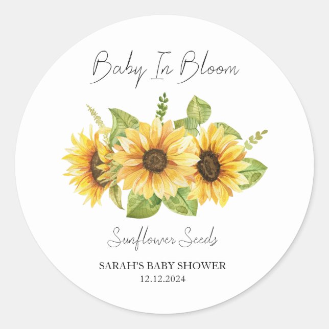 Sticker Rond Baby shower de graines de tournesol en fleurs (Devant)