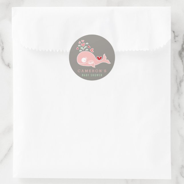 Sticker Rond Baby shower de la baleine de maman rose et de fill (Sac)