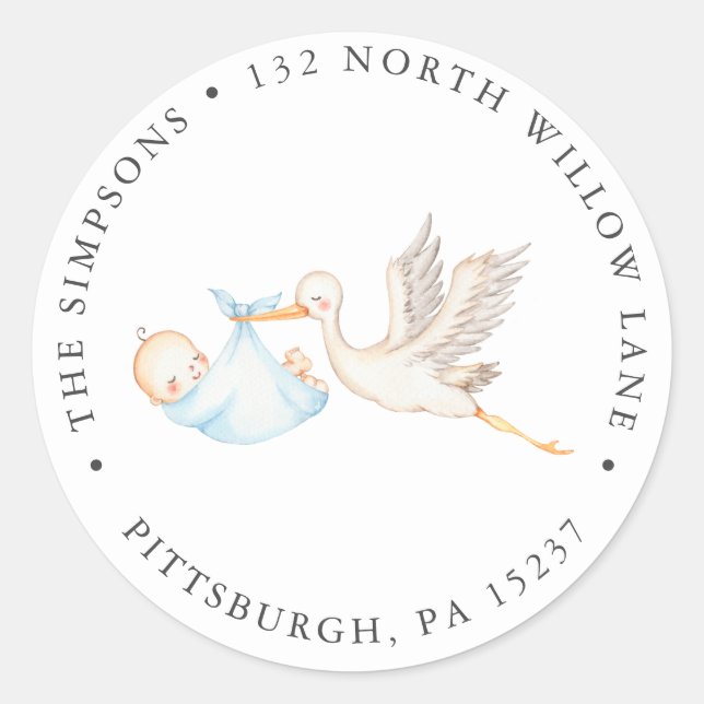 Sticker Rond Baby shower de la cigogne bleue Adresse de retour (Devant)