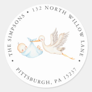 Sticker Rond Baby shower de la cigogne bleue Adresse de retour