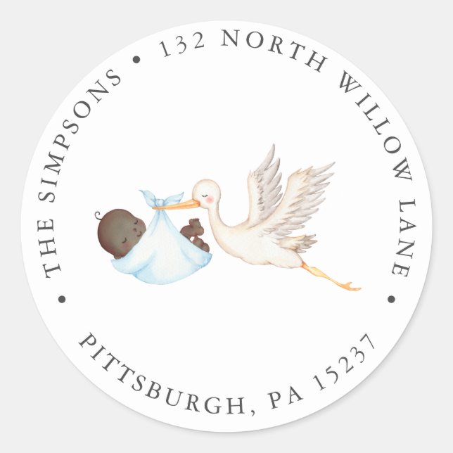 Sticker Rond Baby shower de la cigogne bleue Adresse de retour  (Devant)