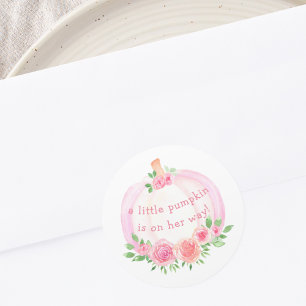 Sticker Rond Baby shower de la fille Citrouille rose Floral