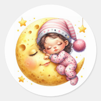 Sticker Rond Baby Shower de la fille qui dort avec la Lune
