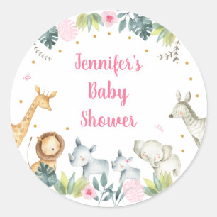 Sticker Rond Baby shower de la jungle de Safari rose