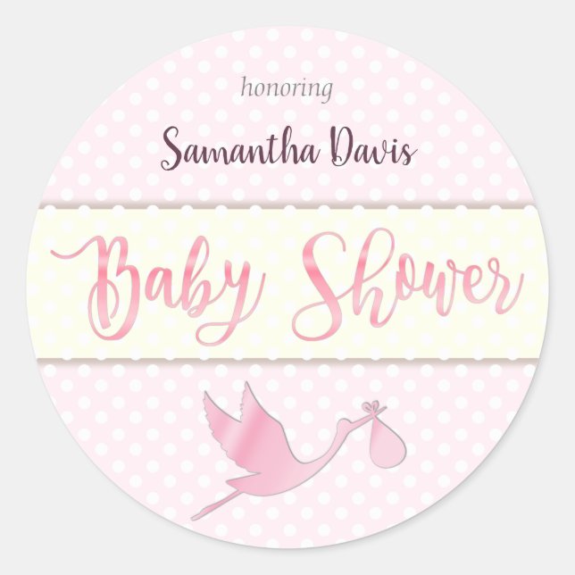 Sticker Rond Baby shower de la petite fille de la cigogne rose (Devant)