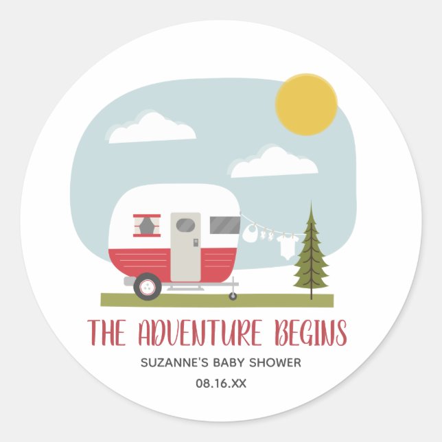 Sticker Rond Baby shower de ligne de vêtements de camping rouge (Devant)