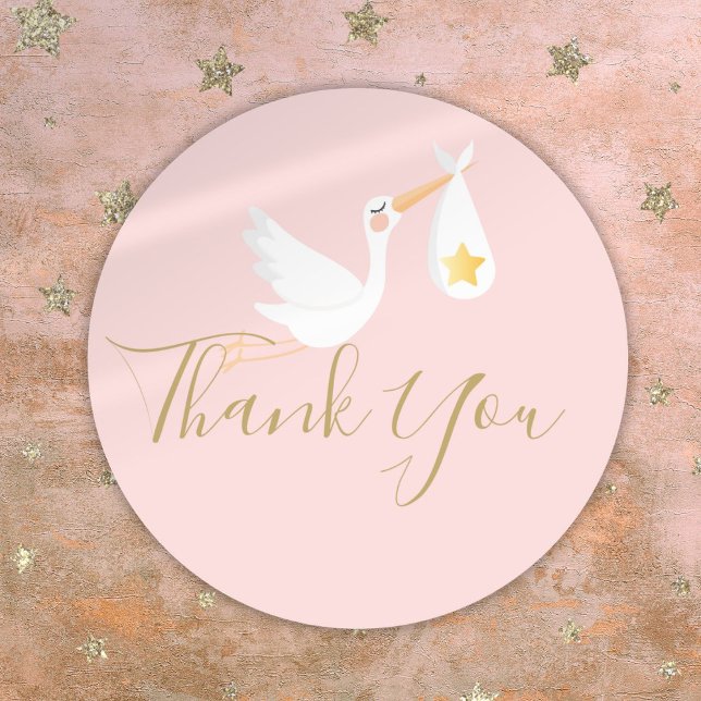 Sticker Rond Baby shower de livraison spéciale Merci rose (Special Delivery Stork Baby Shower Thank You Pink Classic Round Sticker)