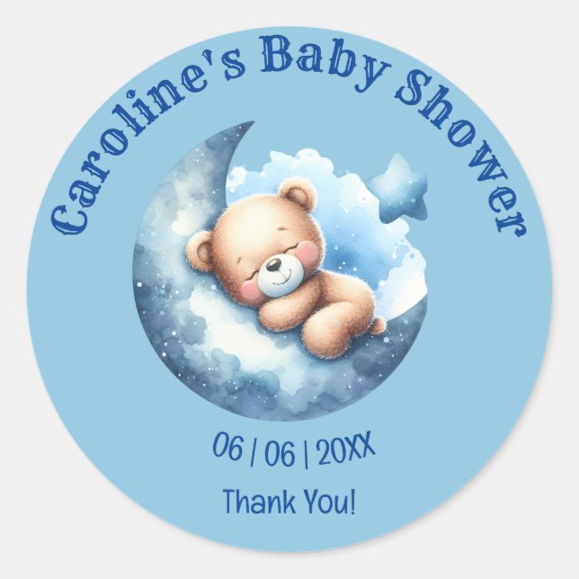 Sticker Rond Baby shower de lune de croissant d'ours bleu migno (Devant)
