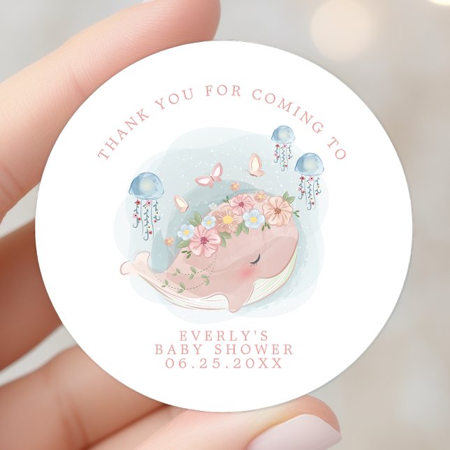 Sticker Rond Baby shower de méduse de baleine rose marine Merci (Créateur téléchargé)