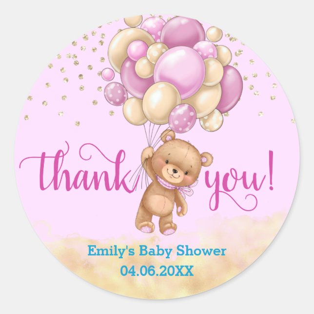 Sticker Rond Baby shower de Merci à balloon rose Teddy (Devant)