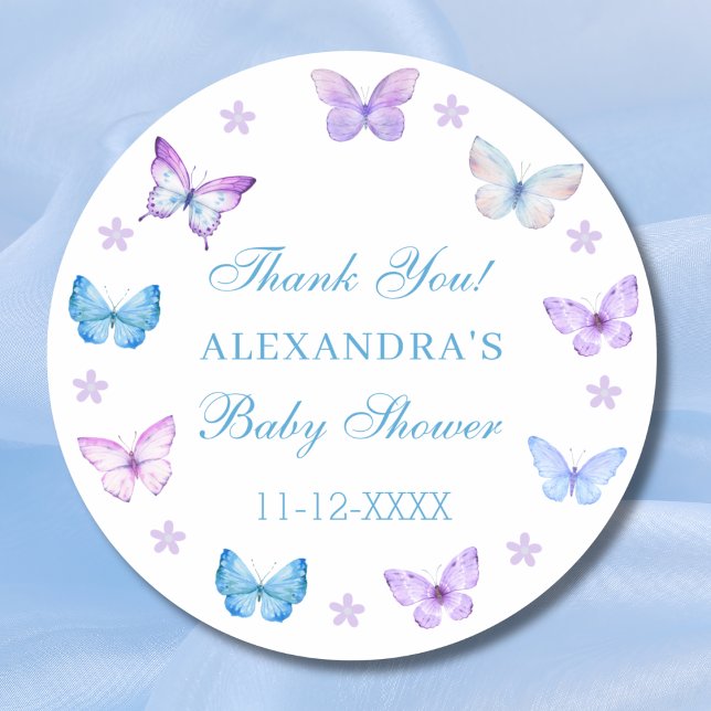 Sticker Rond Baby shower de Merci à papillon bleu Lilac Floral (Créateur téléchargé)