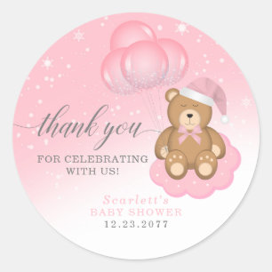 Sticker Rond Baby shower de Merci de de l'ours rose couché