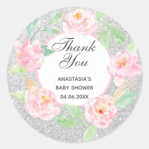 Sticker Rond Baby shower de Merci de  en argent et rose
