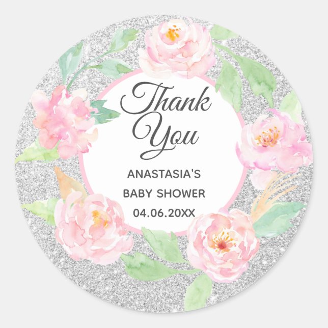 Sticker Rond Baby shower de Merci de  en argent et rose (Devant)