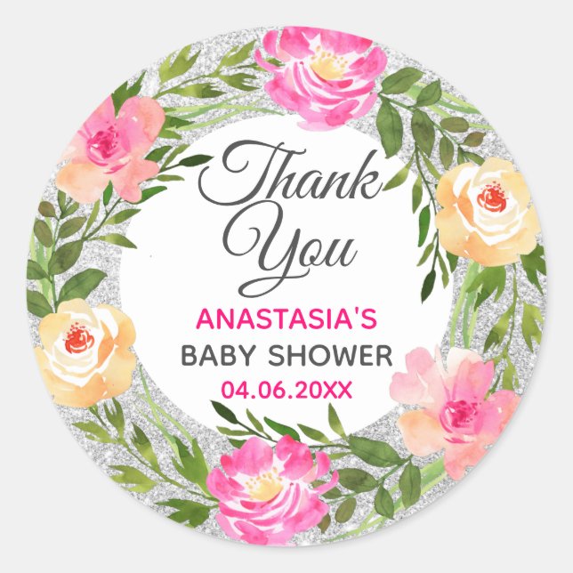 Sticker Rond Baby shower de Merci de  en argent et rose (Devant)