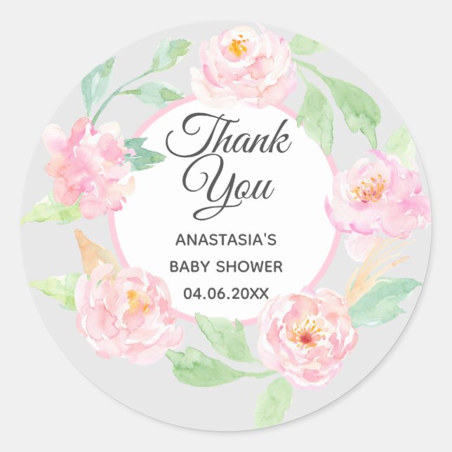 Sticker Rond Baby shower de Merci de  gris et rose (Devant)