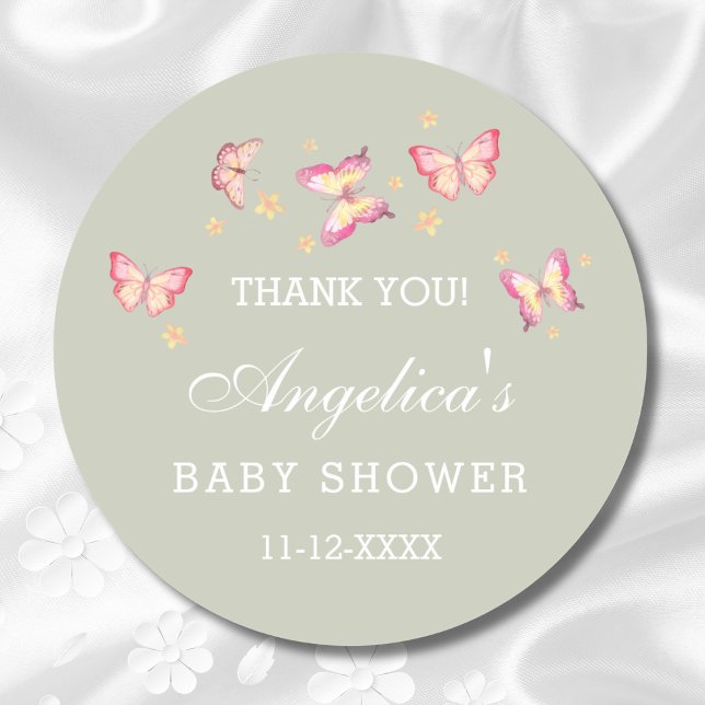Sticker Rond Baby shower de Merci de papillon rose Sage (Créateur téléchargé)