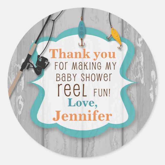 Sticker Rond Baby shower de Merci de pêche excitée Reel (Devant)