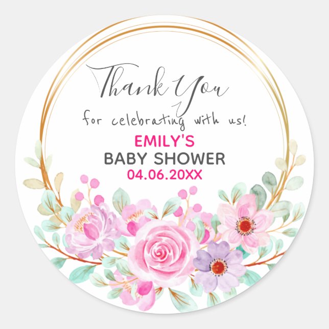 Sticker Rond Baby shower de Merci de  rose fleuri (Devant)