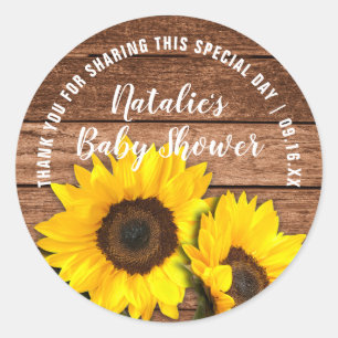 Sticker Rond Baby shower de Merci de tournesol en bois foncé ru