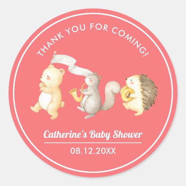 Sticker Rond Baby shower de Merci des animaux des bois (Devant)