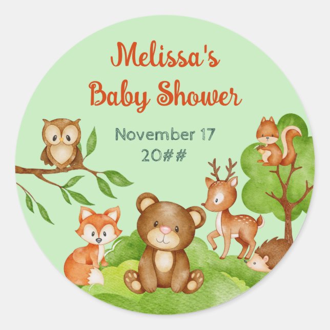 Sticker Rond Baby shower de Merci des animaux des bois (Devant)