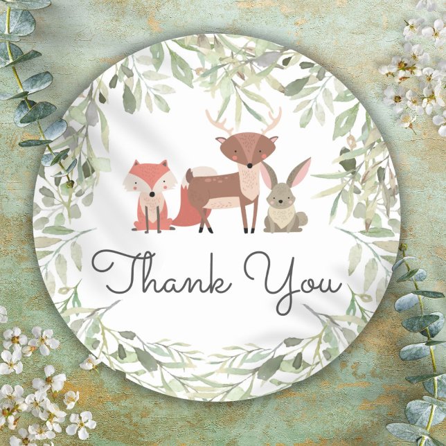 Sticker Rond Baby shower de Merci des animaux des bois (Woodland Animals Baby Shower Thank You Classic Round Sticker)