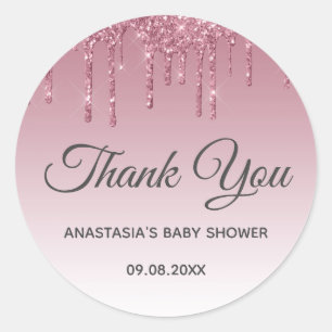 Sticker Rond Baby shower de Merci en or glam violet rose rose