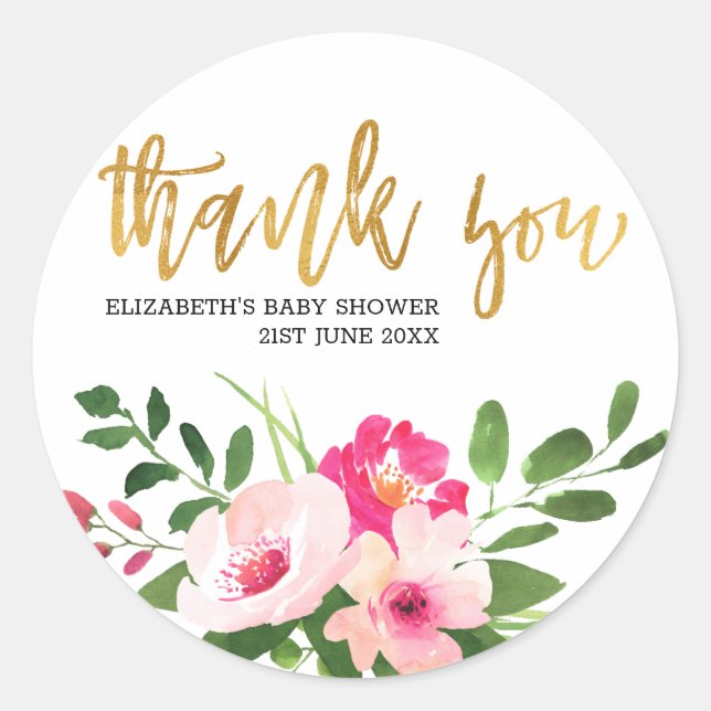 Sticker Rond Baby shower de Merci en or rose Floral (Devant)