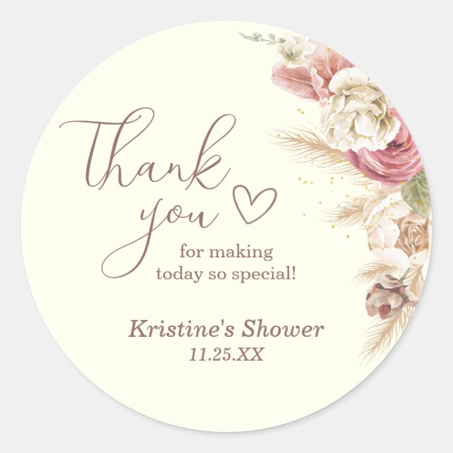 Sticker Rond Baby shower de Merci Floral Boho beige clair (Devant)