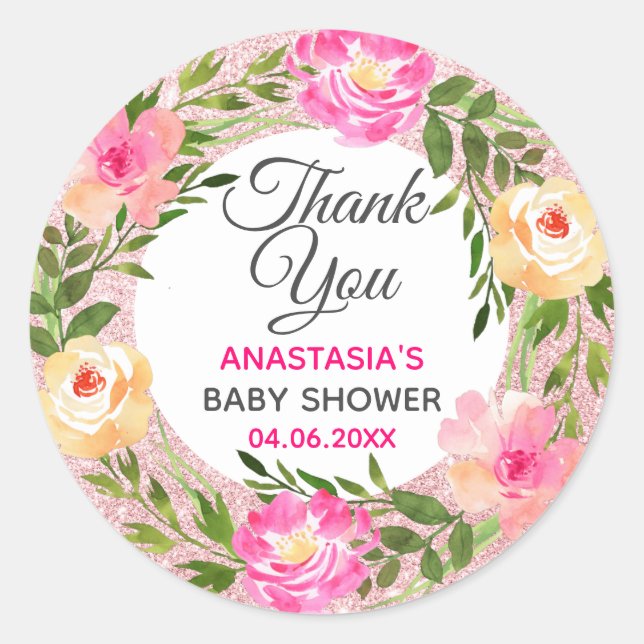 Sticker Rond Baby shower de Merci rose de  rose or (Devant)