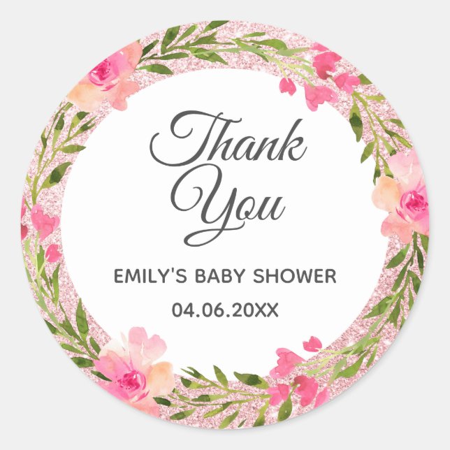 Sticker Rond Baby shower de Merci rose de  rose or (Devant)