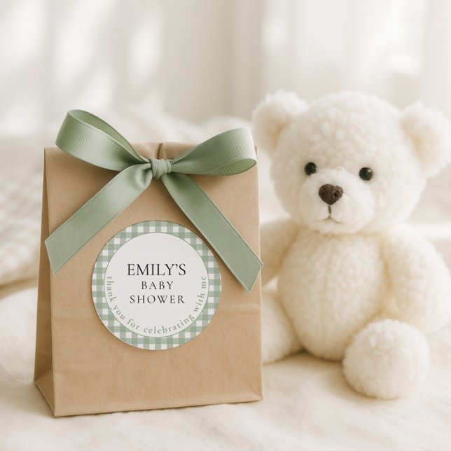 Sticker Rond Baby shower de Merci rustique Sage En vichy (Créateur téléchargé)