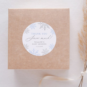 Sticker Rond Baby shower de neige bleu Merci neige beaucoup