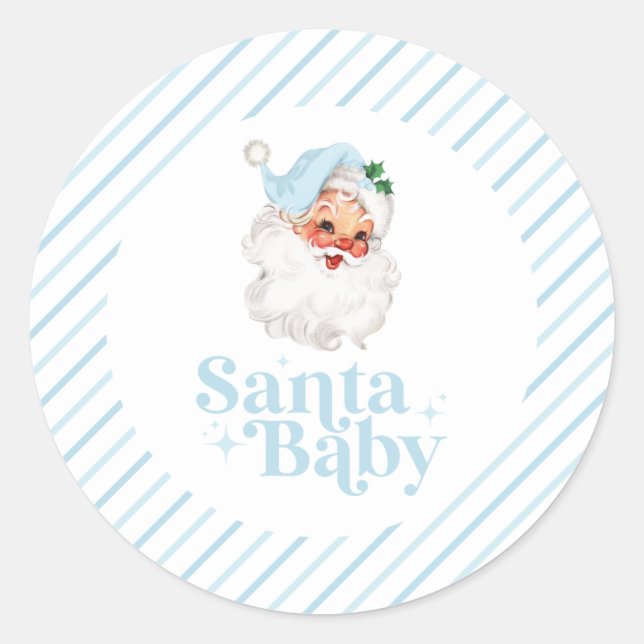 Sticker Rond Baby shower de Noël Bébé Retro Blue Père Noël (Devant)