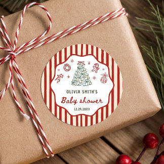 Sticker Rond Baby Shower de Noël Red Stripe