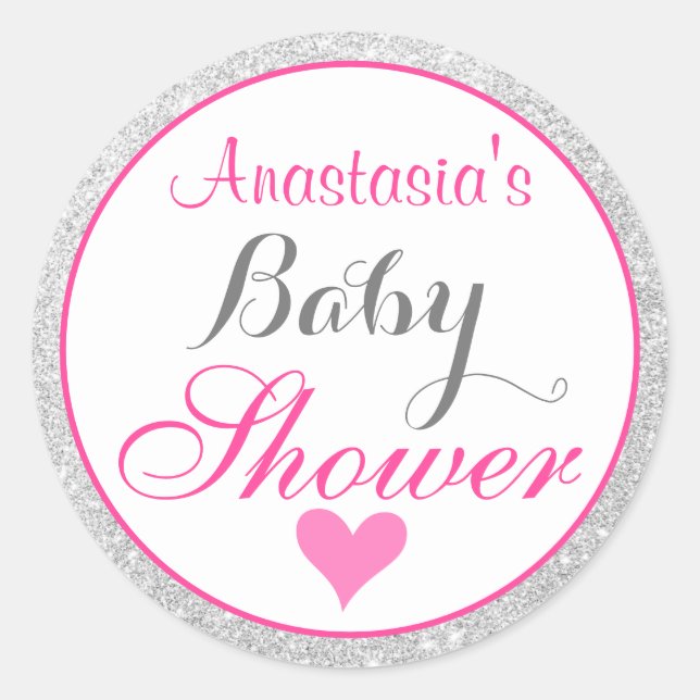 Sticker Rond Baby shower de Parties scintillant rose et argent  (Devant)