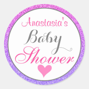 Sticker Rond Baby shower de Parties scintillant rose violet Gir