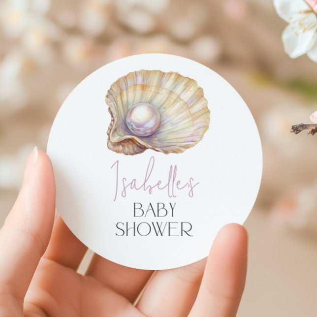 Sticker Rond Baby shower de plage de Little Pearl Ocean Oyster (Créateur téléchargé)