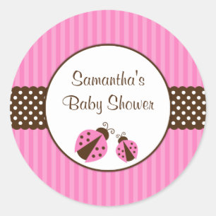 Sticker Rond Baby shower de points rayés rose et Brown Ladybug