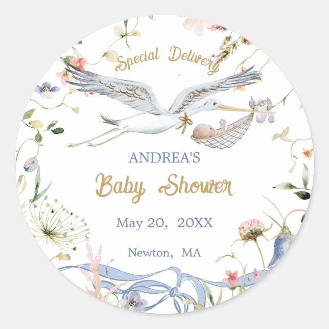 Sticker Rond Baby shower de ruban Fleur sauvage Stork (Devant)