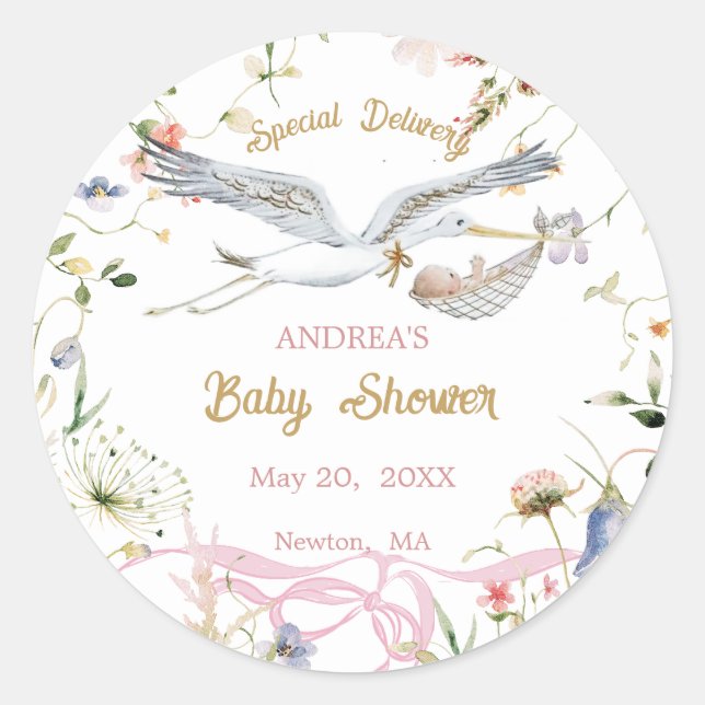 Sticker Rond Baby shower de ruban Fleur sauvage Stork (Devant)