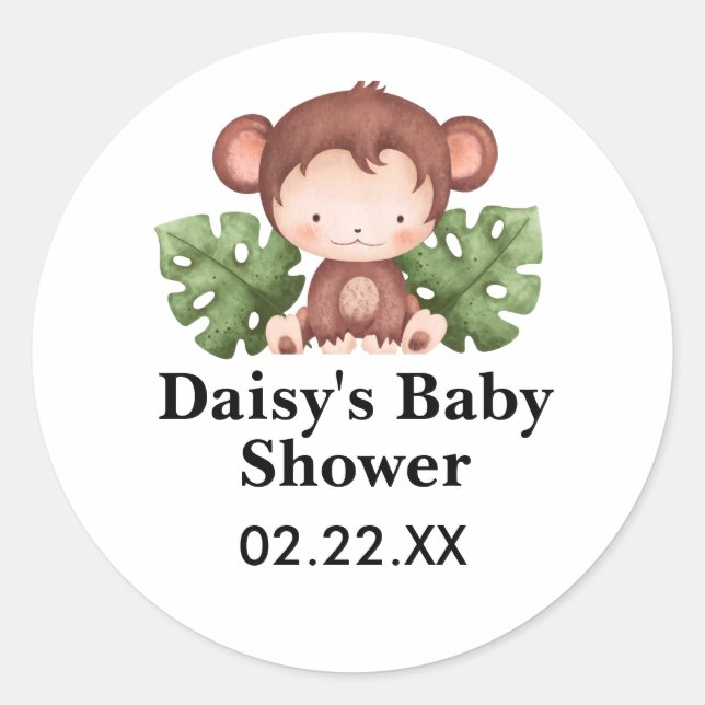 Sticker Rond Baby shower de singe à l'aquarelle (Devant)