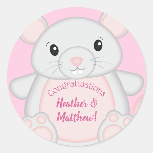 Sticker Rond Baby shower de souris rose (Devant)