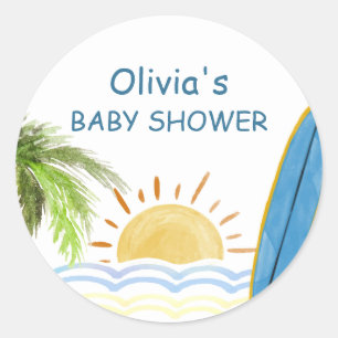 Sticker Rond Baby shower de surf tropical Sunshine